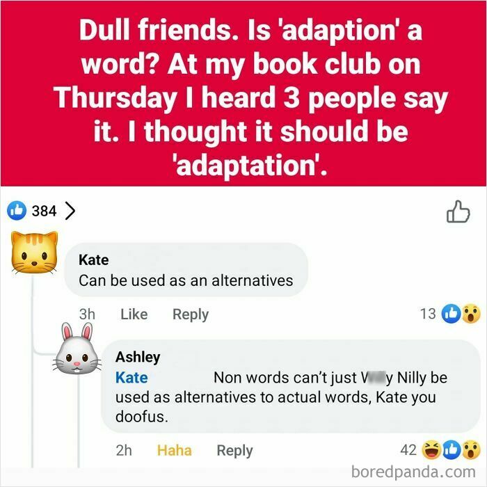 A social media exchange on the word adaption showing people who corrected someone with total confidence