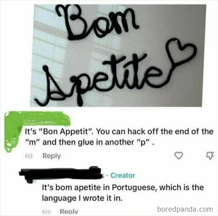 A photo of Bom Apetite text in Portuguese, with a user who corrected someone incorrectly