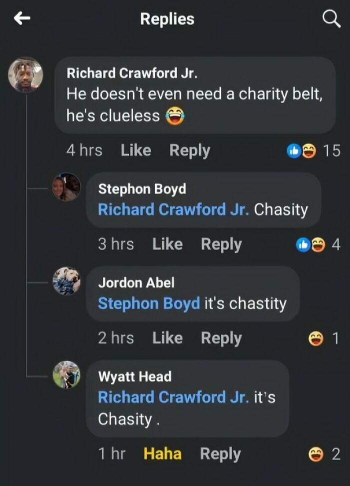 Facebook comments where users try to correct the spelling of chastity belt incorrectly.