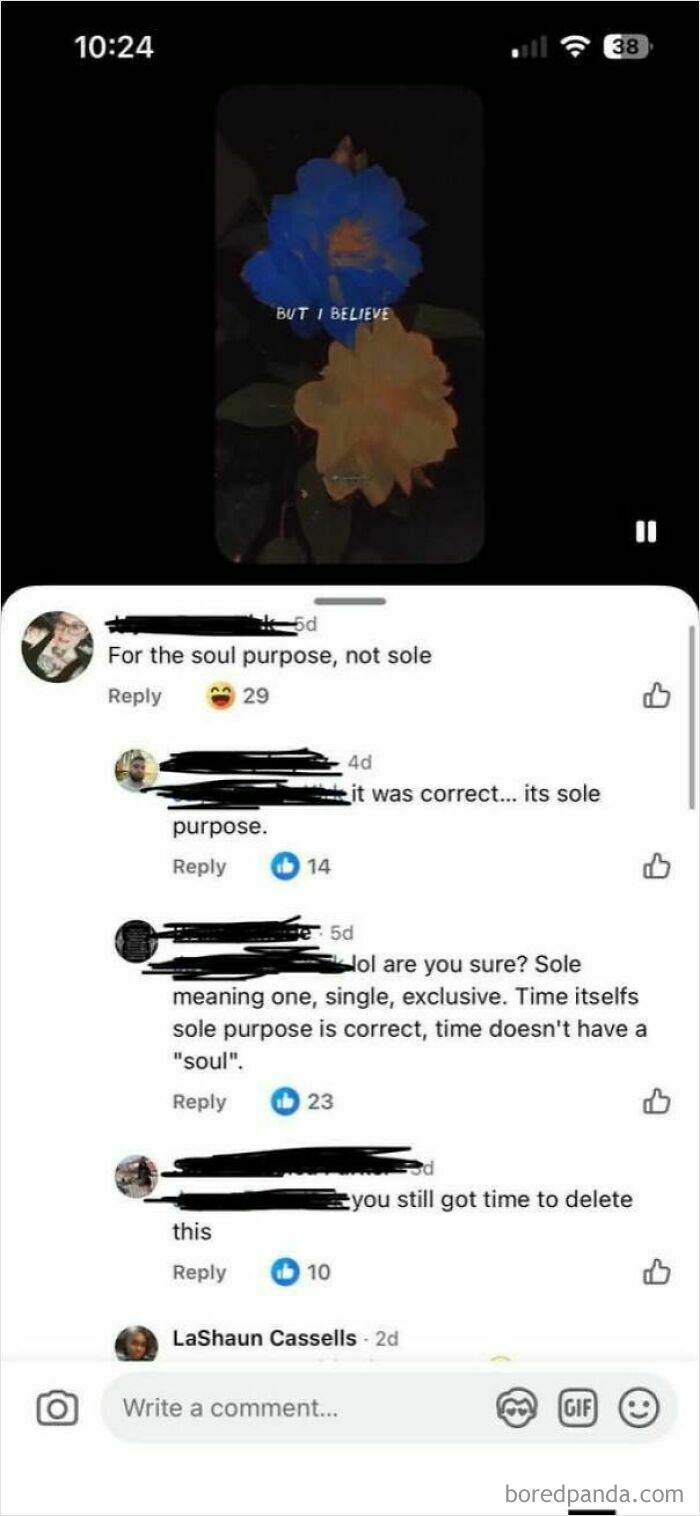 A comment thread of corrected spelling from soul to sole on social media.
