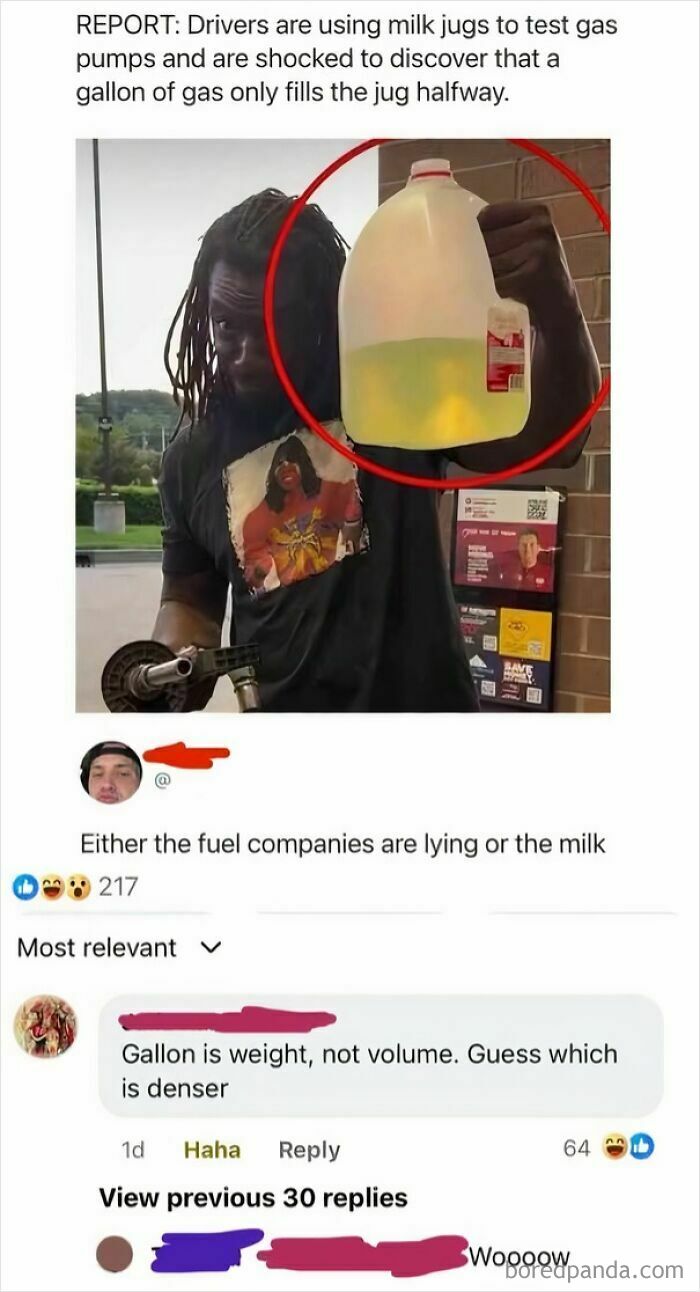 A comment thread on a photo of a milk jug with a user confidently corrected about gallon being weight