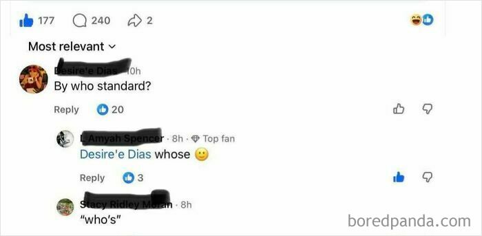 A comment thread where a user confidently corrected whose to who is in a grammatical discussion