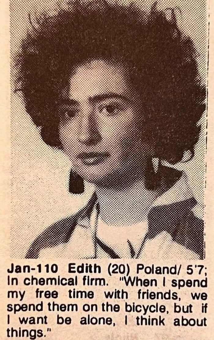 A retro print personal ad with a photo of a young woman named Edith from Poland.