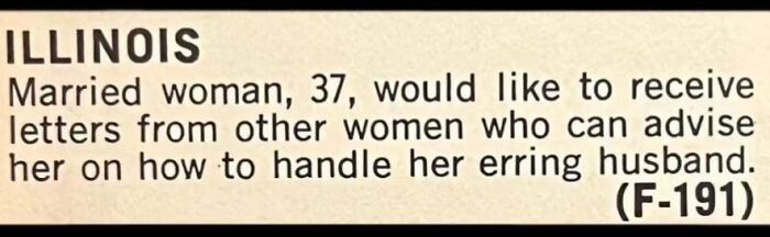 A vintage personal ad from Illinois from a 37-year-old married woman looking for advice from other women.