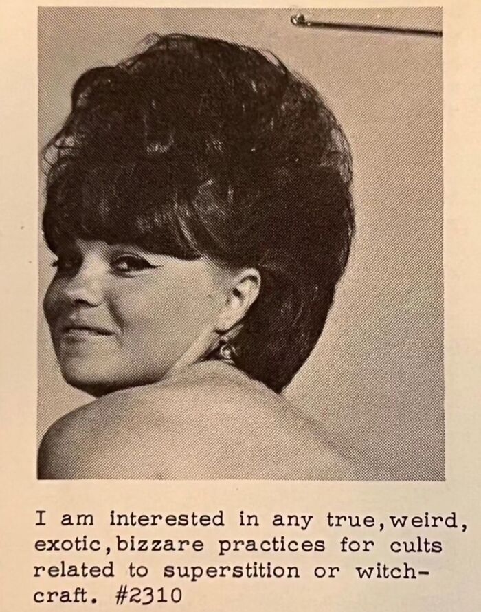 Vintage personal ad featuring a woman's portrait with text about seeking cults and witchcraft.