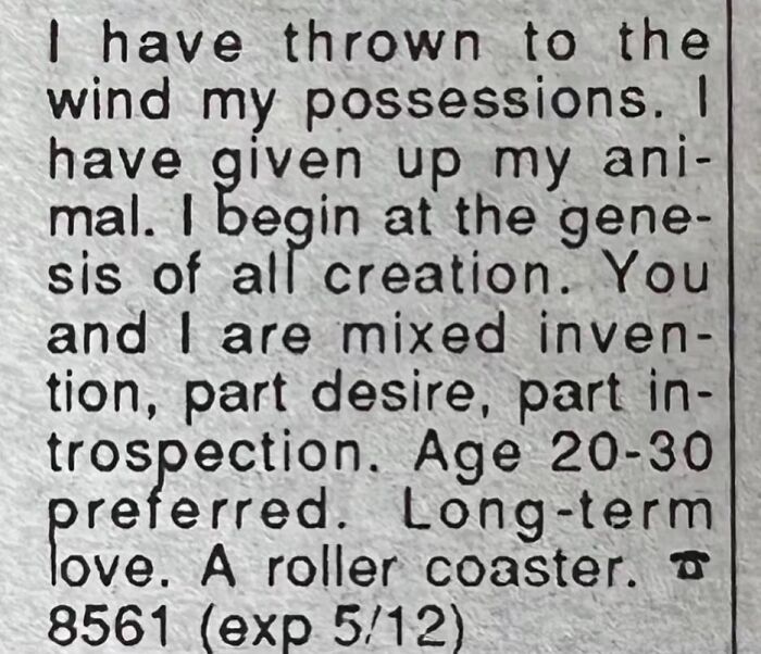 Text snippet of a vintage personal ad from the past seeking long-term love and adventure.