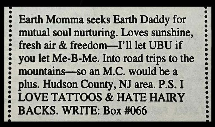 A vintage printed personal ad from the past seeking an Earth Daddy for soul nurturing and road trips.