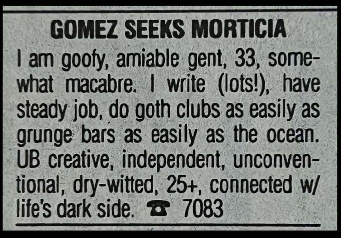 A humorous newspaper personal ad from the past looking for a macabre partner.