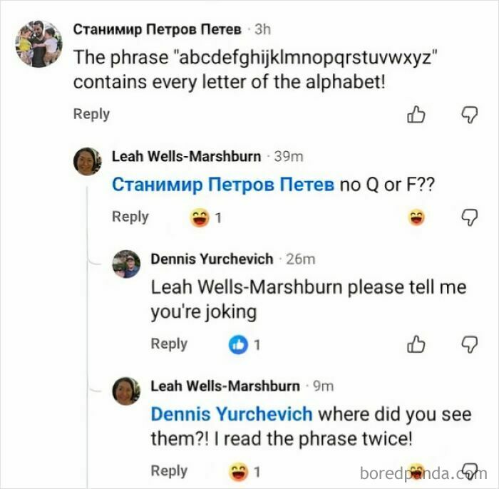 A social media comment thread where people corrected someone incorrectly about the alphabet