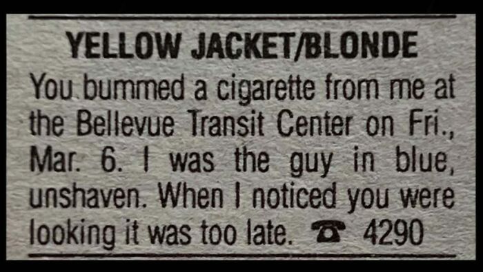 A retro personal ad from the past about a transit center encounter looking for love.