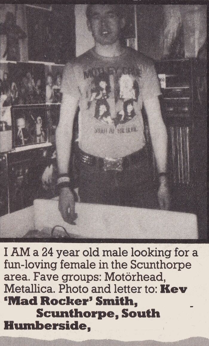 An old personal ad from the past of a young man wearing a band t-shirt looking for love.