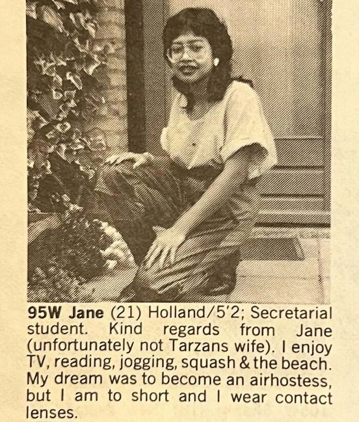 Old personal ads from the past with a photo of a young woman crouching outdoors beside descriptive text.