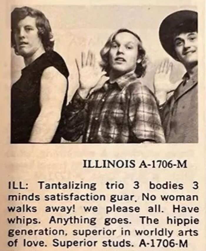 Vintage personal ads from the past showing three men posing together with handwritten text below.