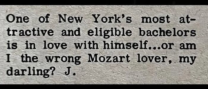 A close up snippet of a classic print personal ad seeking a Mozart lover in New York.