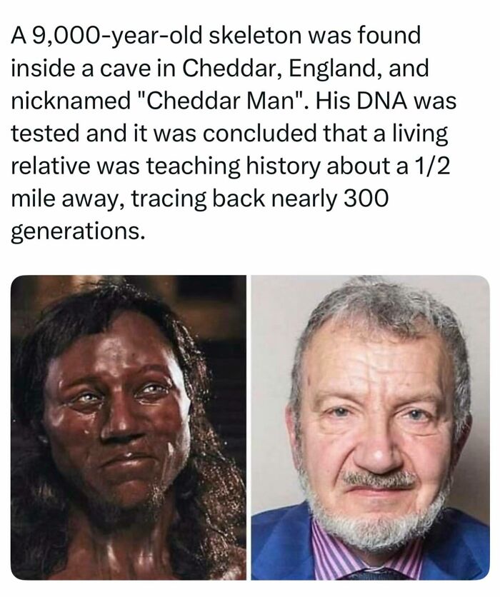 Side-by-side comparison of Cheddar Man facial reconstruction and modern descendant, interesting facts about world