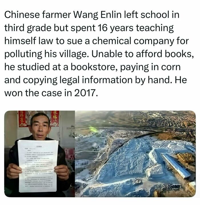 Farmer W**g Enlin holding legal documents next to a polluted field representing interesting facts about human determination