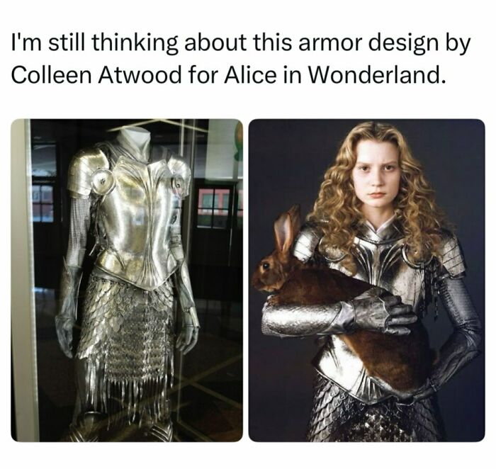 Silver medieval armor display and Mia Wasikowska wearing it holding a rabbit as interesting facts about the world
