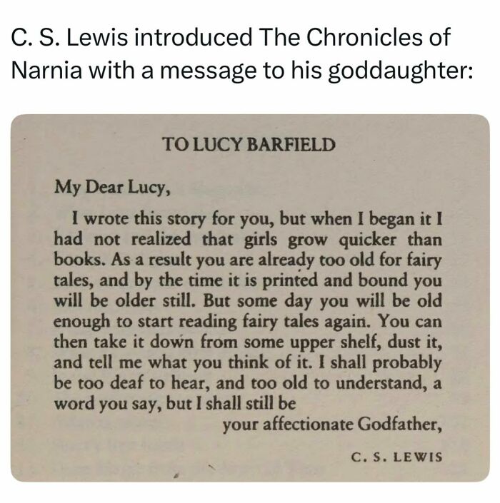 Printed dedication letter by CS Lewis to his goddaughter shared in interesting posts about literature
