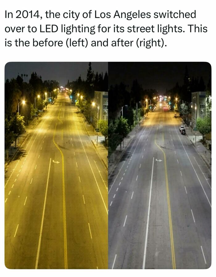 Side-by-side comparison of warm yellow streetlights vs bright white LED lights as interesting facts about the world