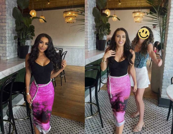 Photo comparison highlighting edited vs natural body shape in casual indoor setting
