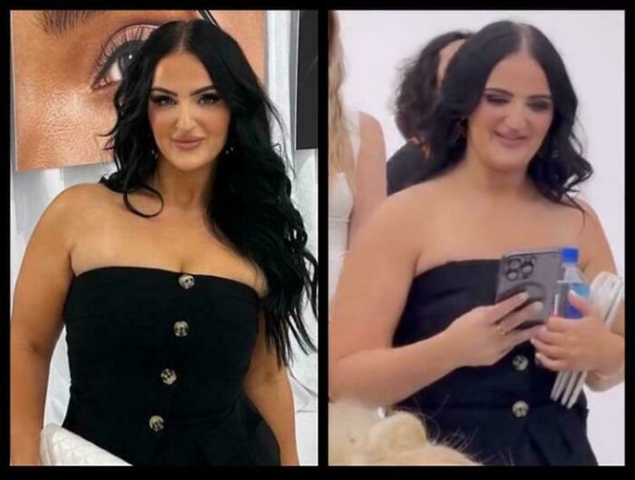 Comparison of original and edited photos of a woman in black dress with altered facial features