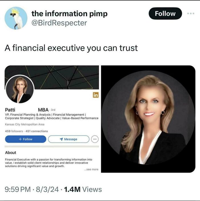 Ridiculously edited LinkedIn profile of financial executive with distorted face