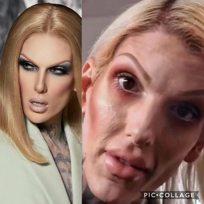 Before and after unrealistic photo editing on face with makeup