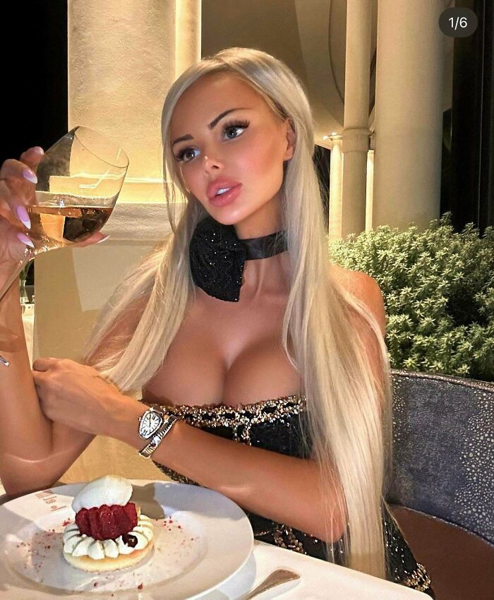 Edited photo of a woman with exaggerated features holding a wine glass and dessert