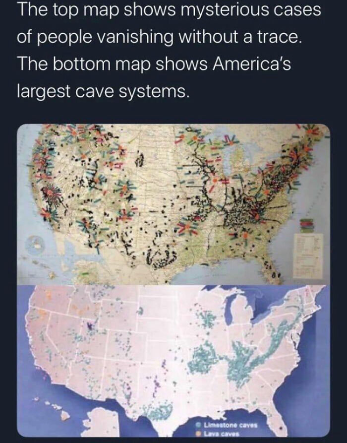 A map comparison meme showing missing people and cave systems as cursed images