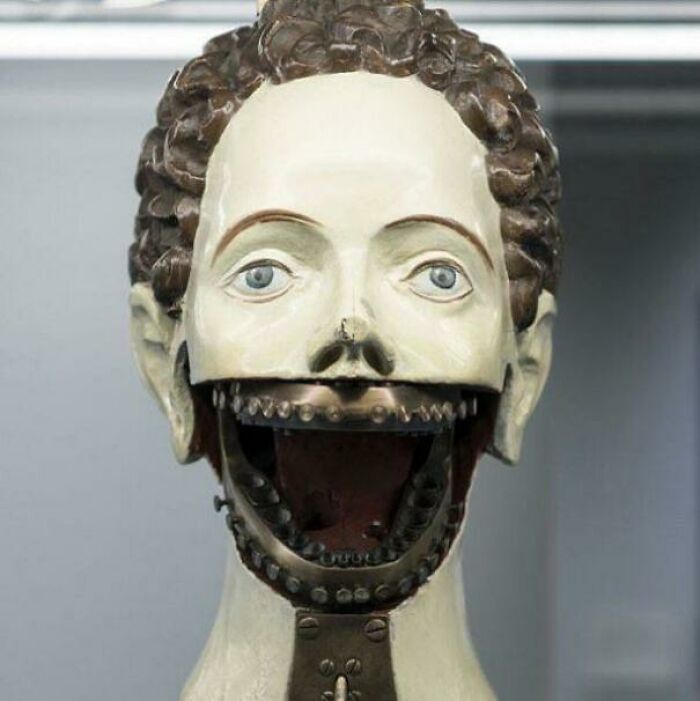 Cursed images featuring a creepy vintage medical mannequin head with a wide open mechanical jaw