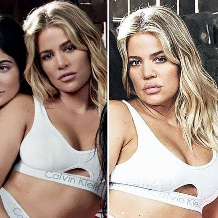 Ridiculous edited photos showing exaggerated lips and distorted faces in fashion images