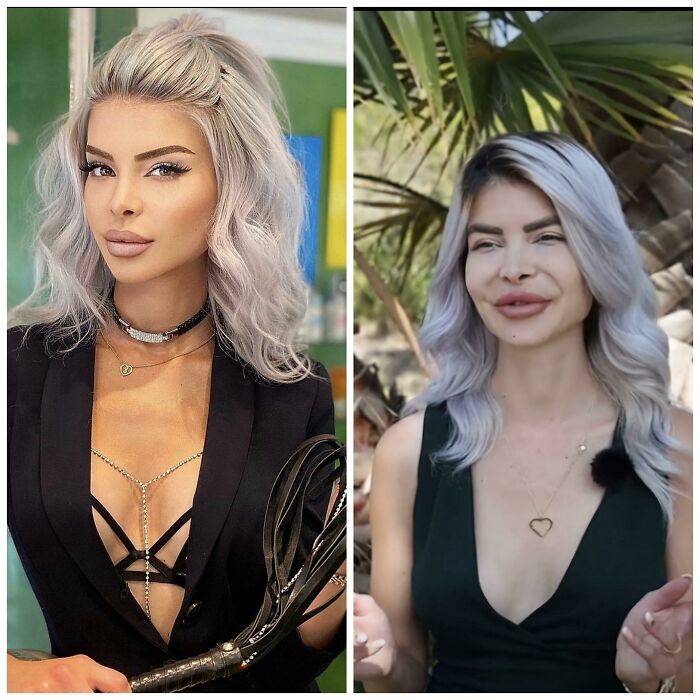 Side-by-side images of woman with natural and distorted facial expressions