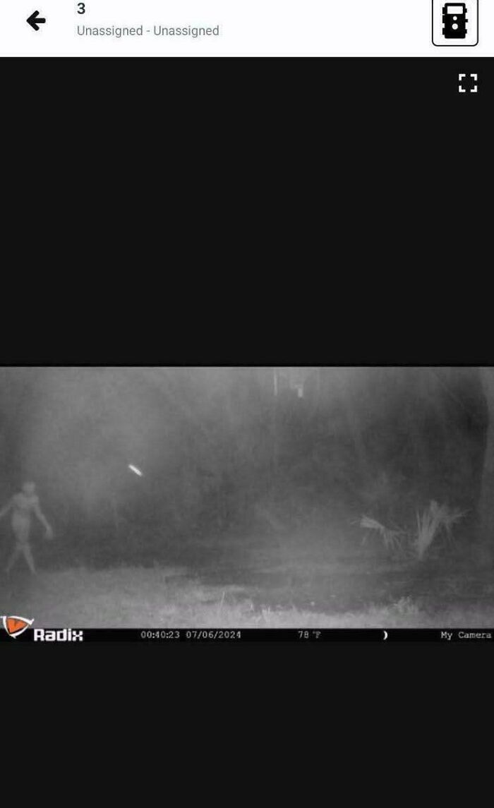 Monochrome security camera capture showing creepy photos of a strange humanoid figure walking through a dark yard.