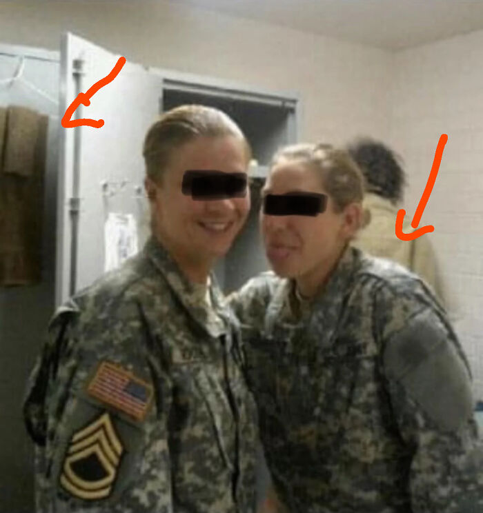 Creepy photos of two smiling soldiers in uniform with a ghostly dark figure standing in the background.