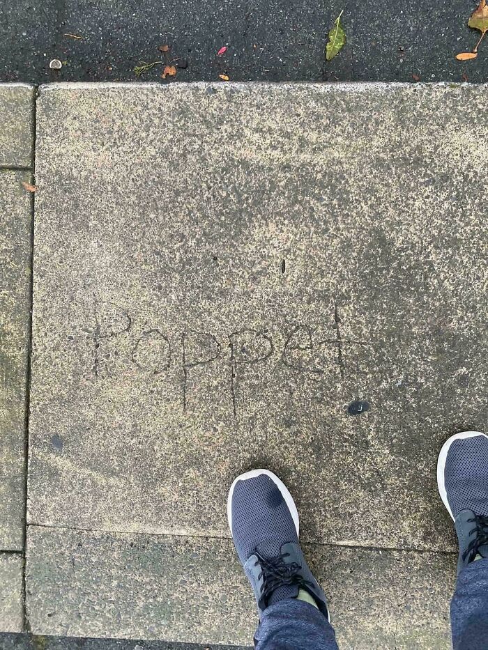 The word Poppet etched into a concrete sidewalk, one of many creepy photos with unexplained details.