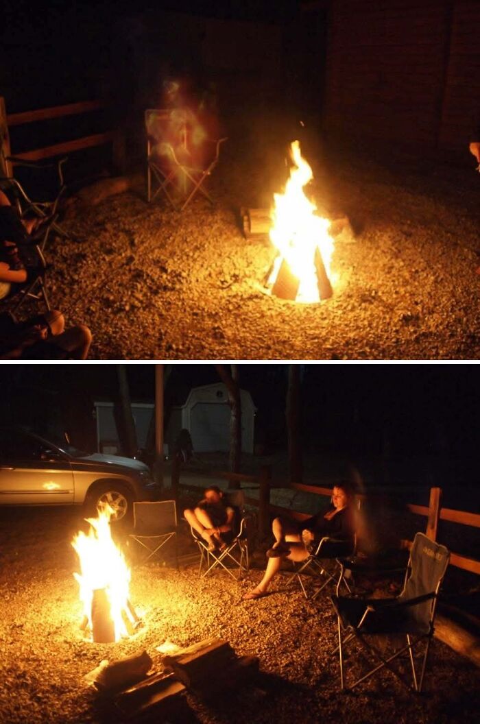 A campfire gathering with strange glowing reflections, reminiscent of creepy photos with no simple explanation.