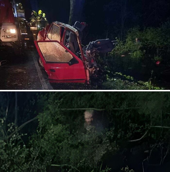 Creepy photos showing a night car accident scene and a strange eerie face watching from nearby bushes.