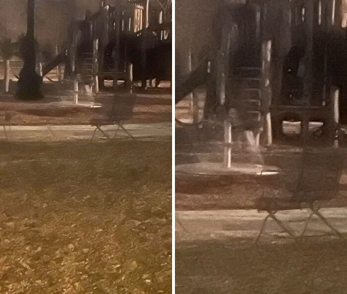 Creepy photos showing an empty playground at night with a mysterious faint figure near the structure.