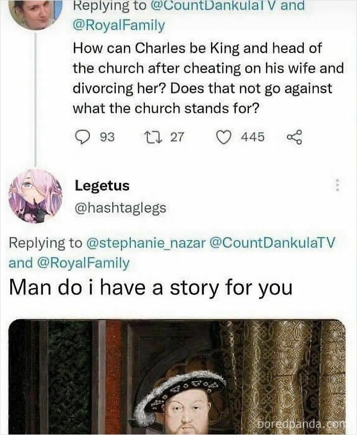Tweet questioning King Charles and church seen in history memes