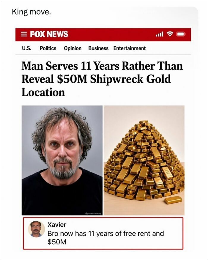 Funny post meme of news article about man hiding $50M gold and Xavier social media reply