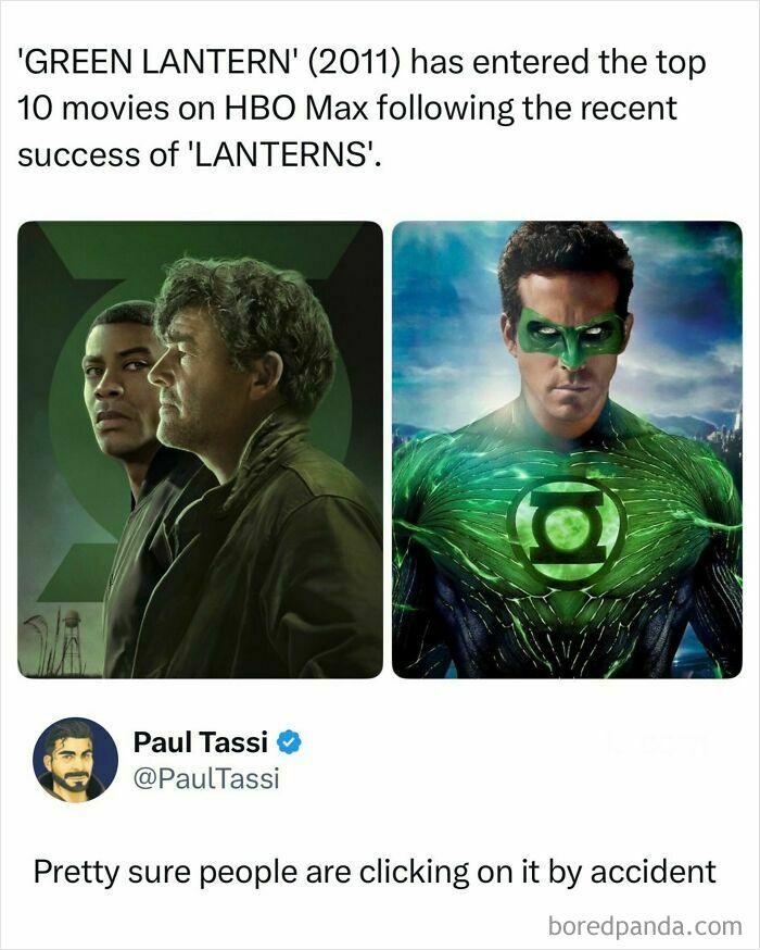 Funny post social media meme showing Green Lantern movie and Lanterns show posters with a joke about accidental clicks.