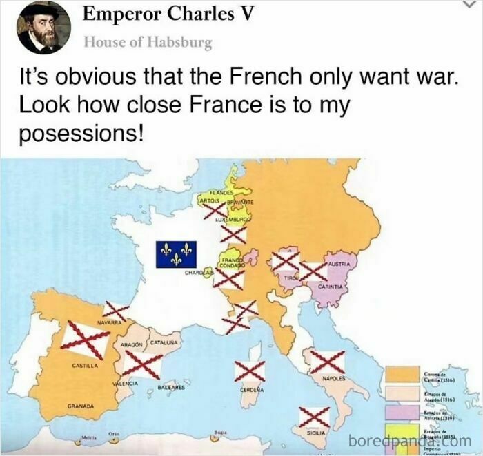 Emperor Charles V history meme showing France near possessions map