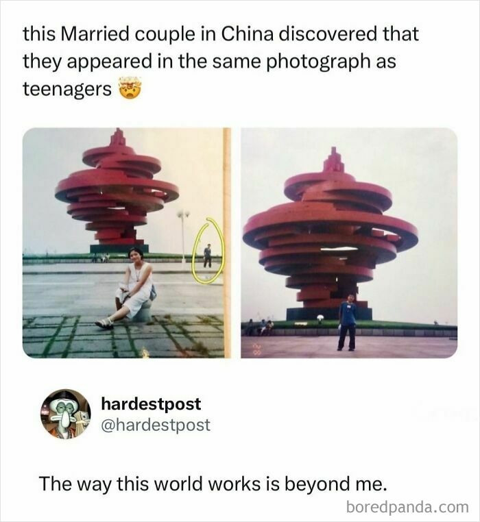 Funny and random posts showing a married couple who accidentally posed together in a photo as teenagers.