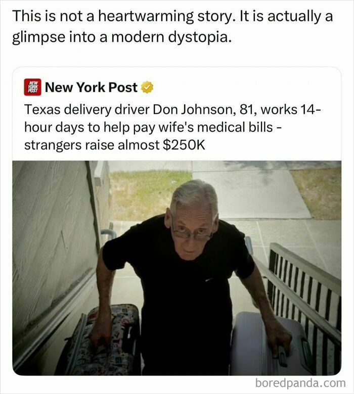 Funny and random posts screenshot of news article about elderly delivery driver carrying heavy suitcases.