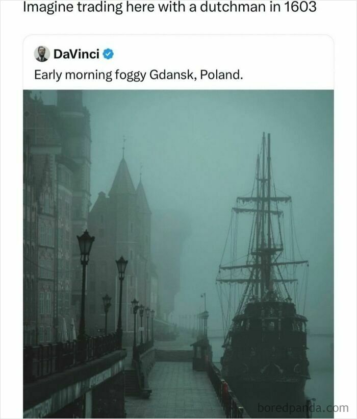 Funny and random posts screenshot of foggy Gdansk harbour with old wooden ship and historic architecture.