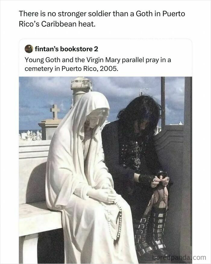 Funny and random posts image showing a goth sitting next to a Virgin Mary statue in Puerto Rico