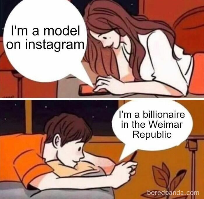 Cartoon meme contrasting Instagram model and Weimar Republic billionaire