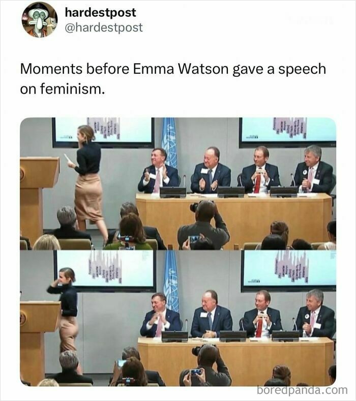 Funny post screenshot showing audience members clapping before Emma Watson gives a speech.
