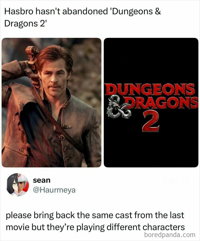 Funny and random posts social media screenshot about a Dungeons and Dragons sequel movie proposal.