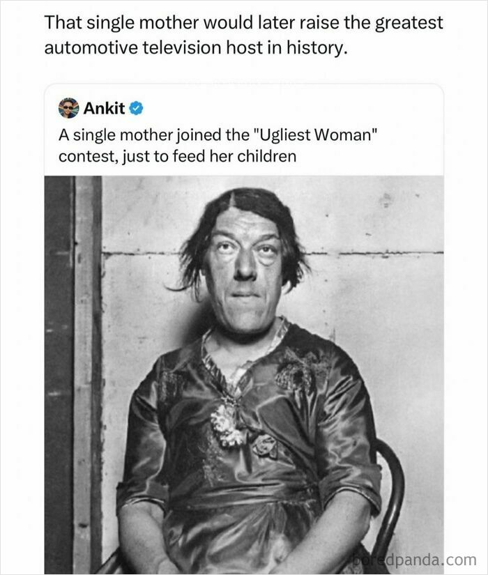 Funny post showing a vintage photo meme about a single mother in a contest.